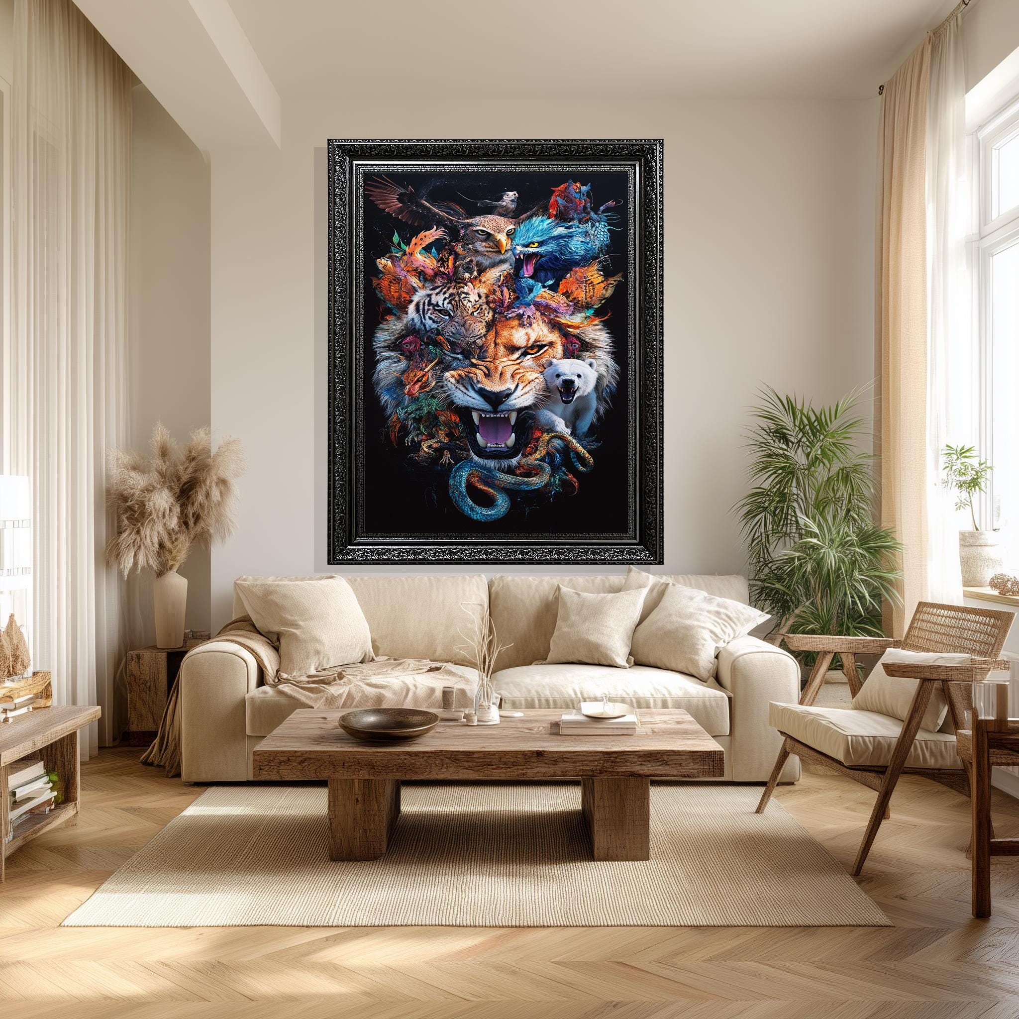 Animal Collage Wall Art – Bold Wildlife Canvas Print Featuring Lion, Tiger & Mythical Creatures