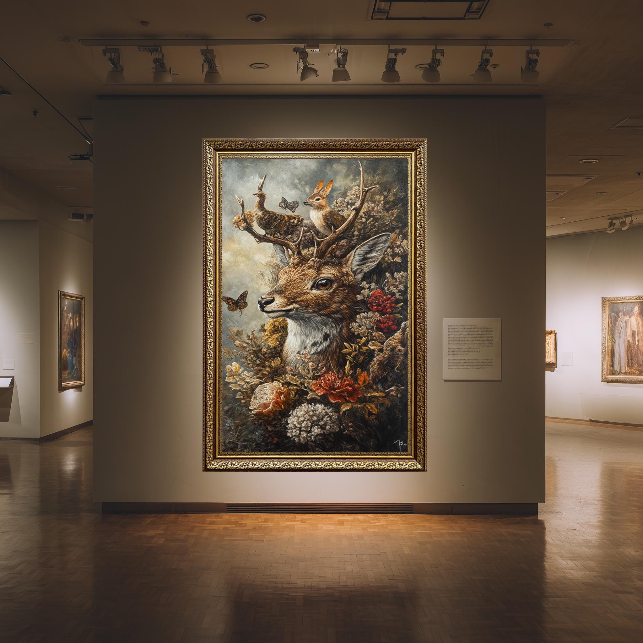 Vintage Deer Canvas – Woodland Animal Print with Butterflies, Rabbits & Flowers