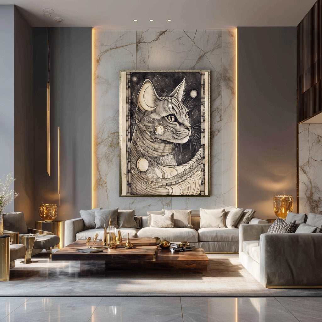 Art Nouveau Cat Canvas - Cosmic Cat Wall Art With Celestial Moon Phases