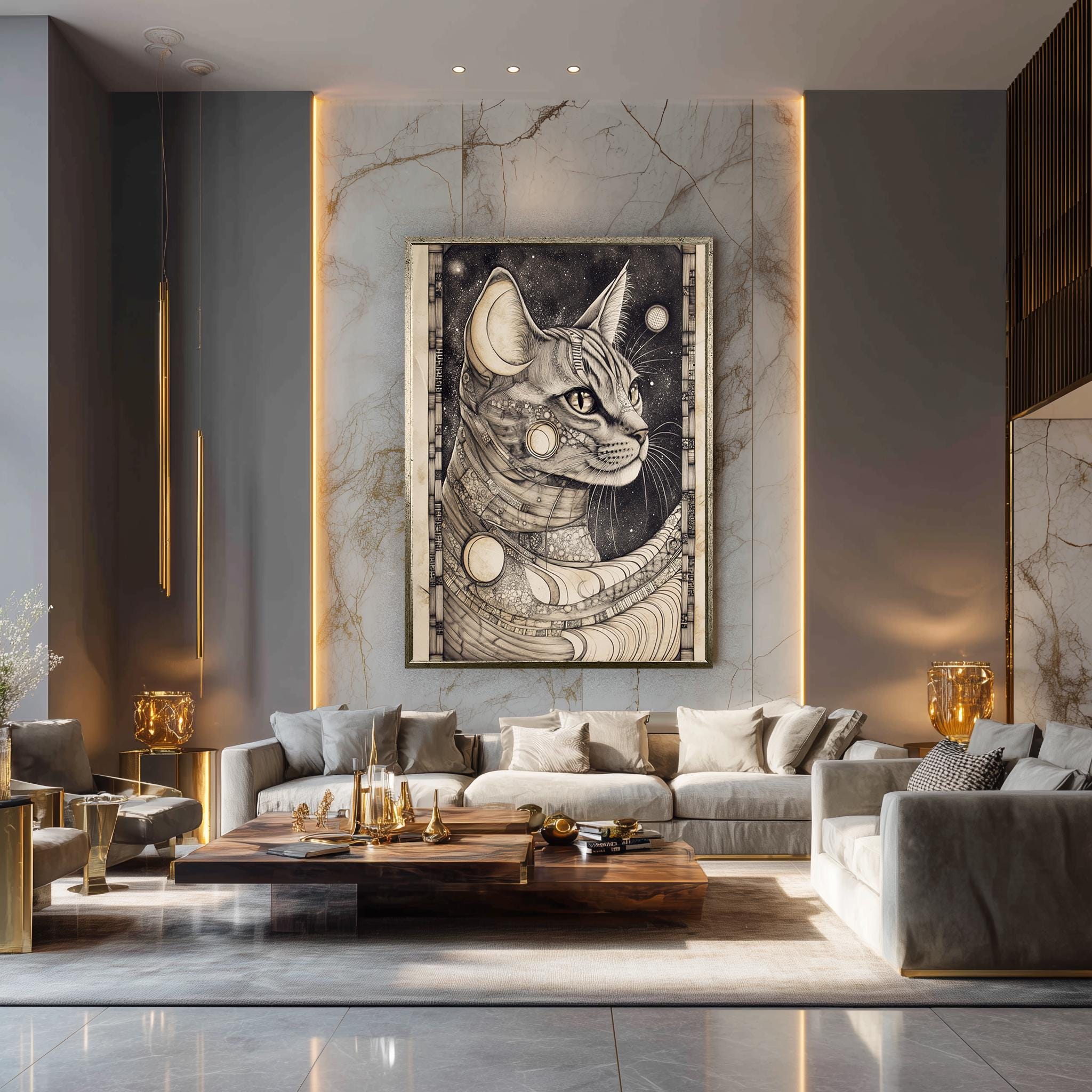 Art Nouveau Cat Canvas - Cosmic Cat Wall Art With Celestial Moon Phases