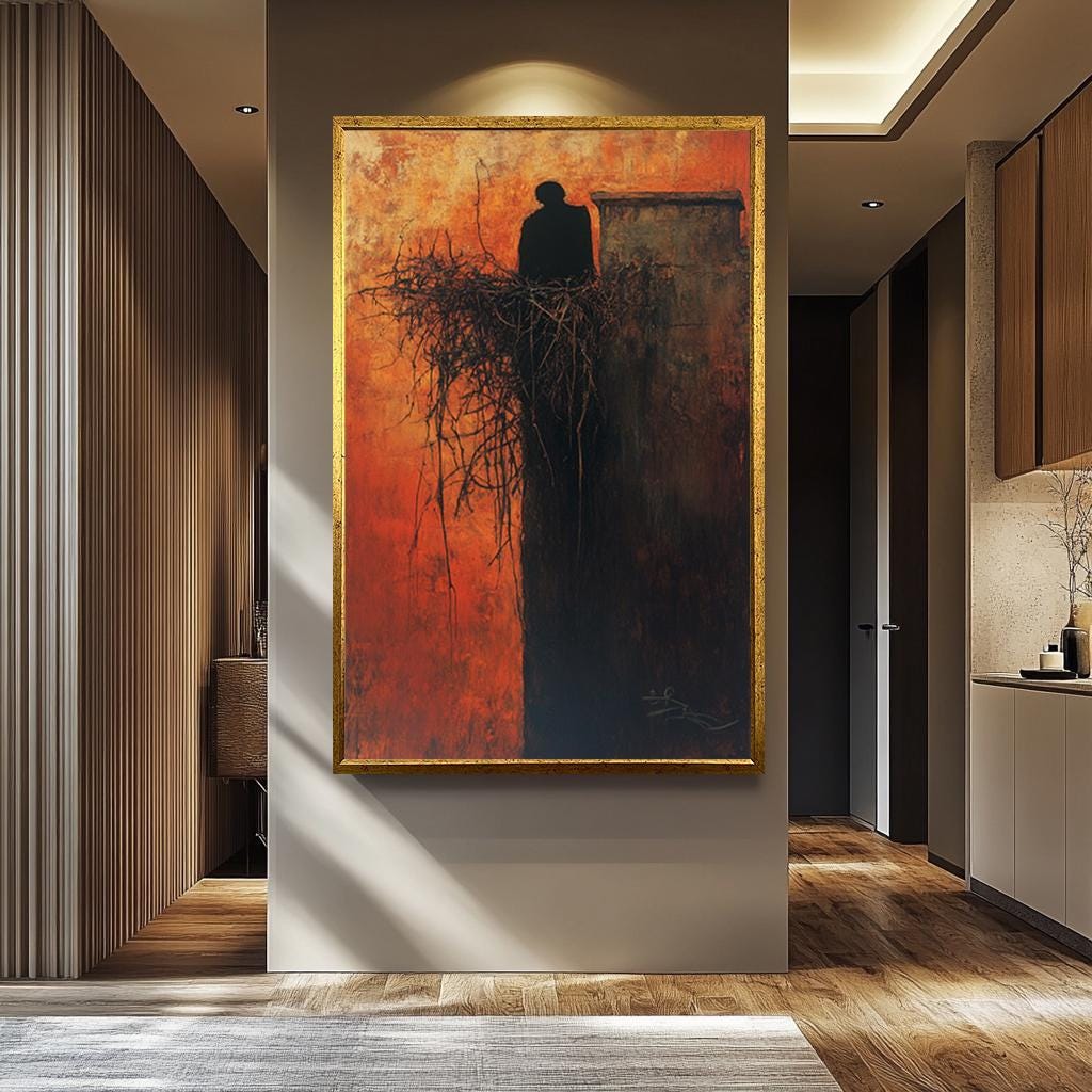 Dark Abstract Canvas – Moody Surreal Shadow Print With Fiery Orange Silhouette