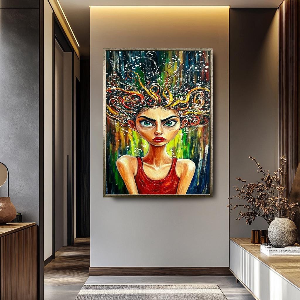 Weird Abstract Portrait – Bold Pop Art Wall Art | Colorful Female Portrait Canvas