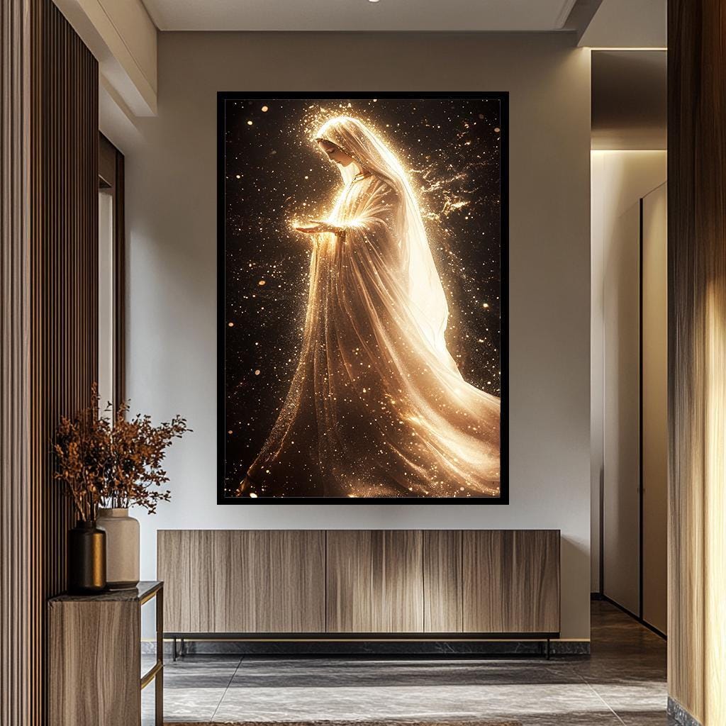 Virgin Mary Wall Art – Catholic Home Decor | Golden Light Painting Canvas Print