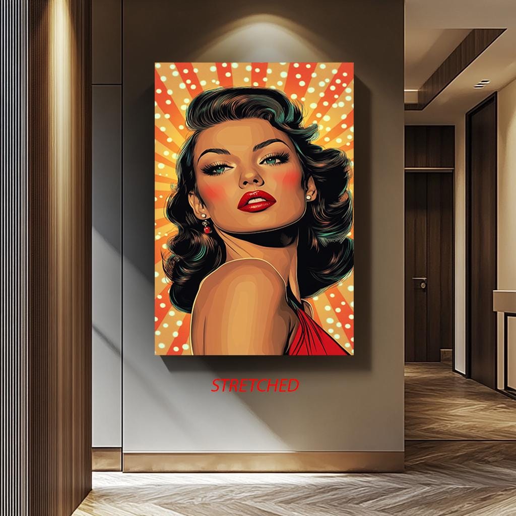 Pop Art Canvas Print – Glamorous Woman Retro Wall Art With Bold Makeup & Red Lips