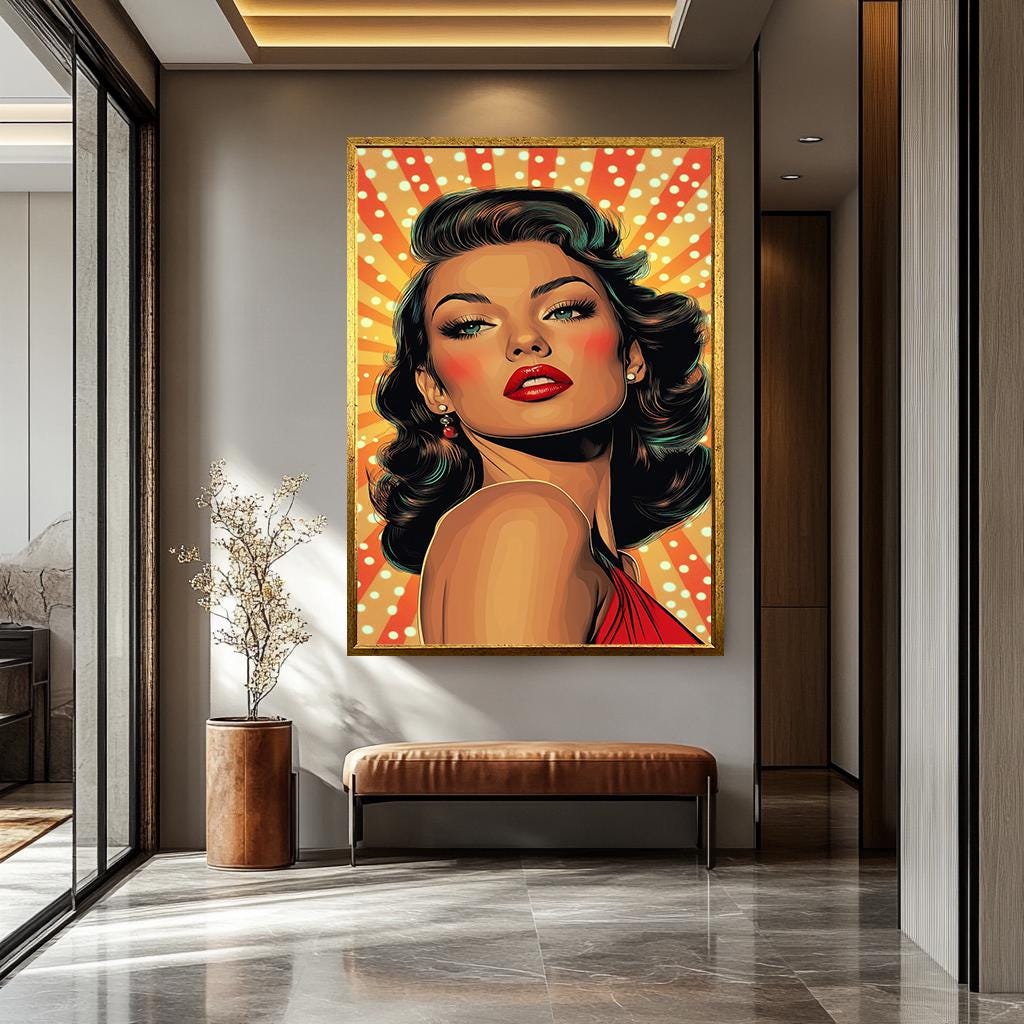 Pop Art Canvas Print – Glamorous Woman Retro Wall Art With Bold Makeup & Red Lips