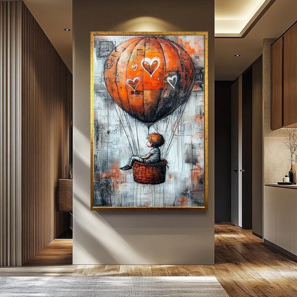 Orange Hot Air Balloon Art - Graffiti Style Canvas With Whimsical Hearts | Modern Urban Artwork