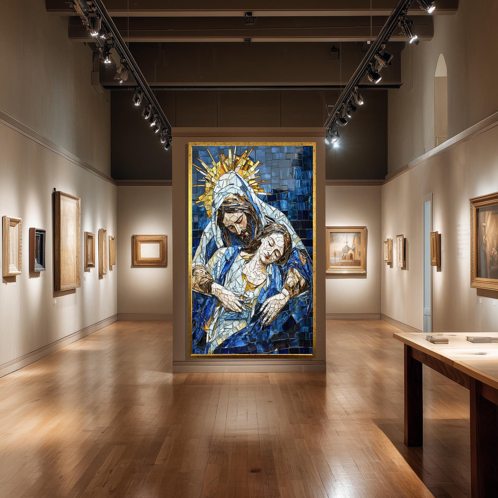 Byzantine Religious Canvas | Mosaic Style Pietà Print - Blue Gold Christian Wall Decor