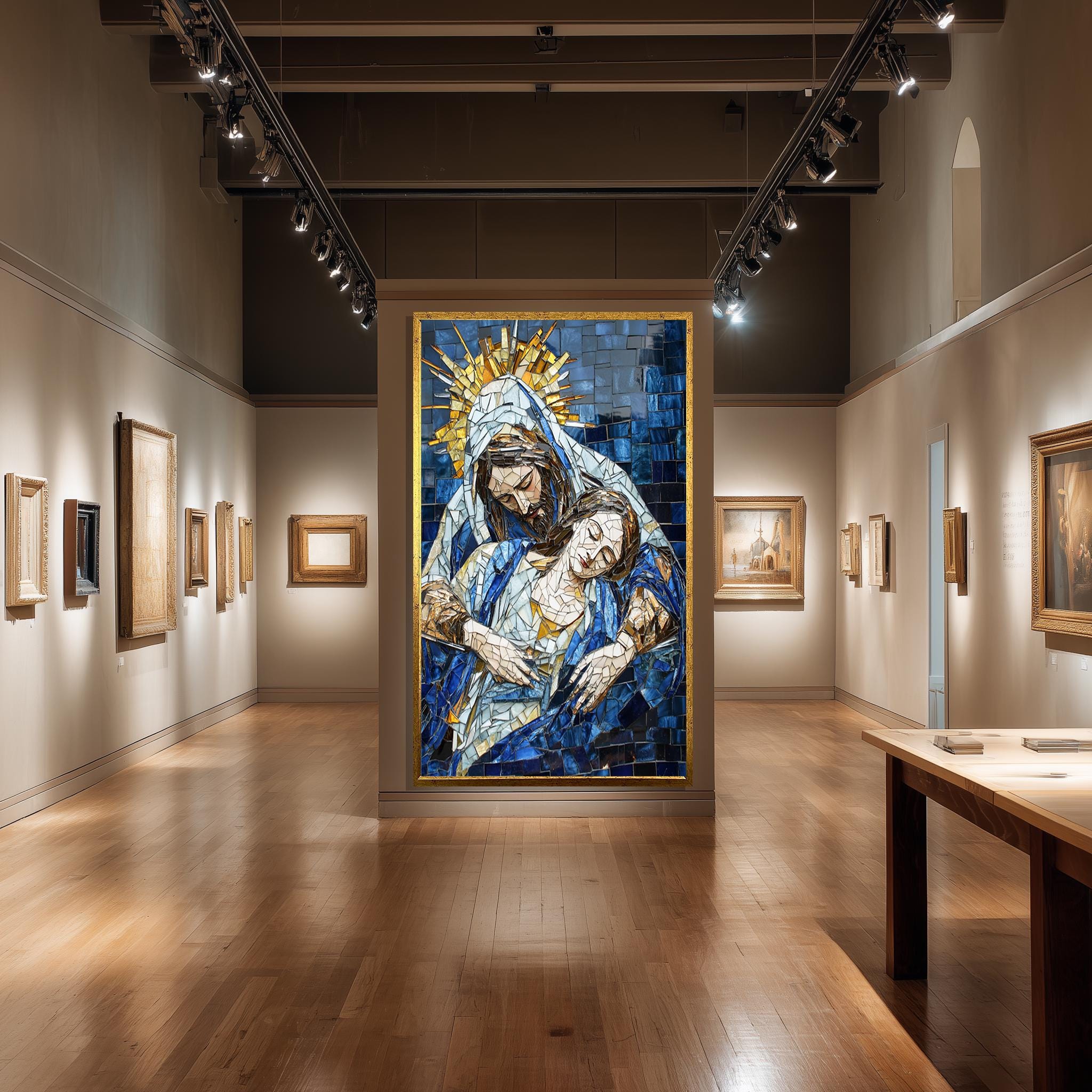 Byzantine Religious Canvas | Mosaic Style Pietà Print - Blue Gold Christian Wall Decor