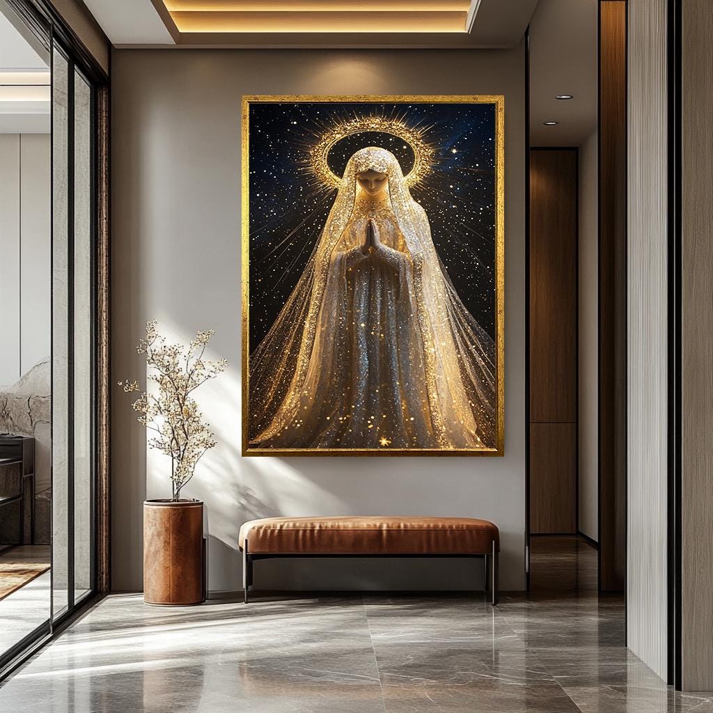 Virgin Mary Wall Art – Mother Mary Canvas Print with Starry Halo | Religious Home Decor
