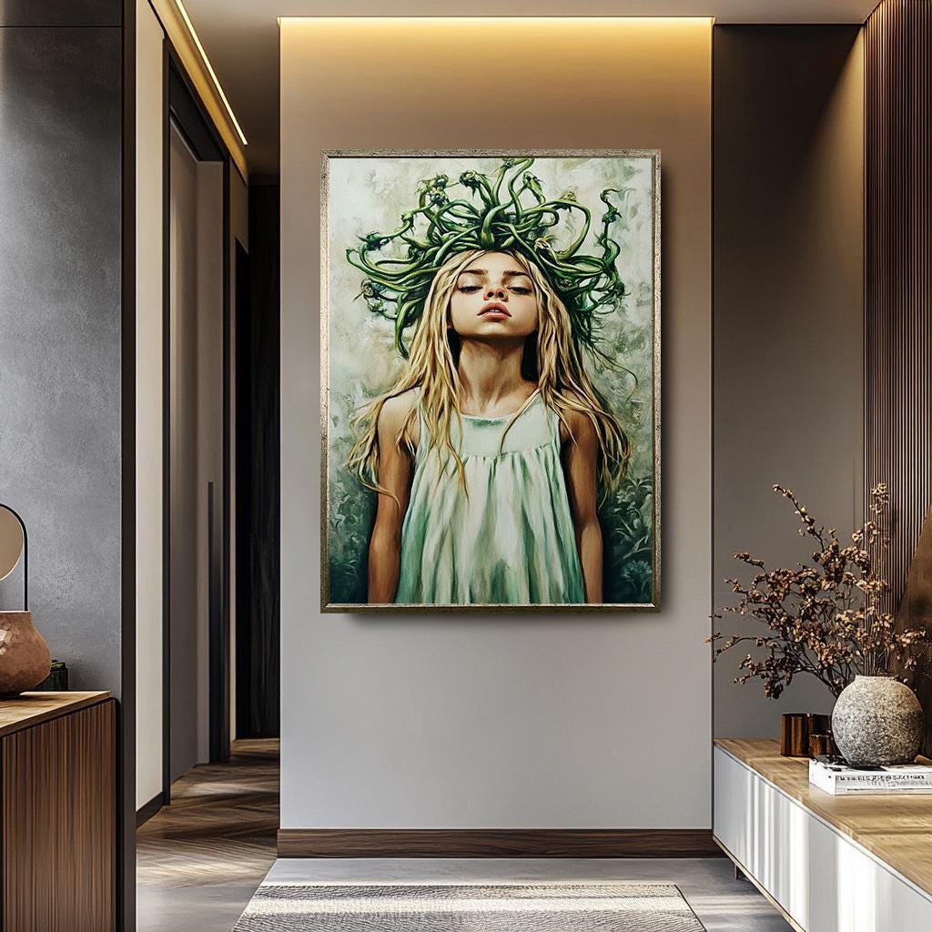 Medusa Woman Wall Art – Mythological Fantasy Print | Surreal Goddess Painting