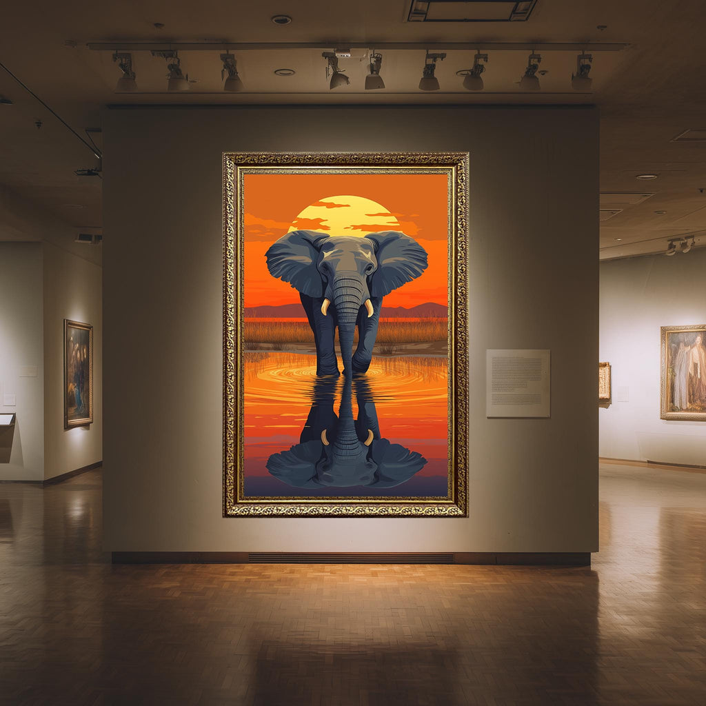 Elephant Canvas Wall Art – Majestic African Wildlife Sunset Reflection Print