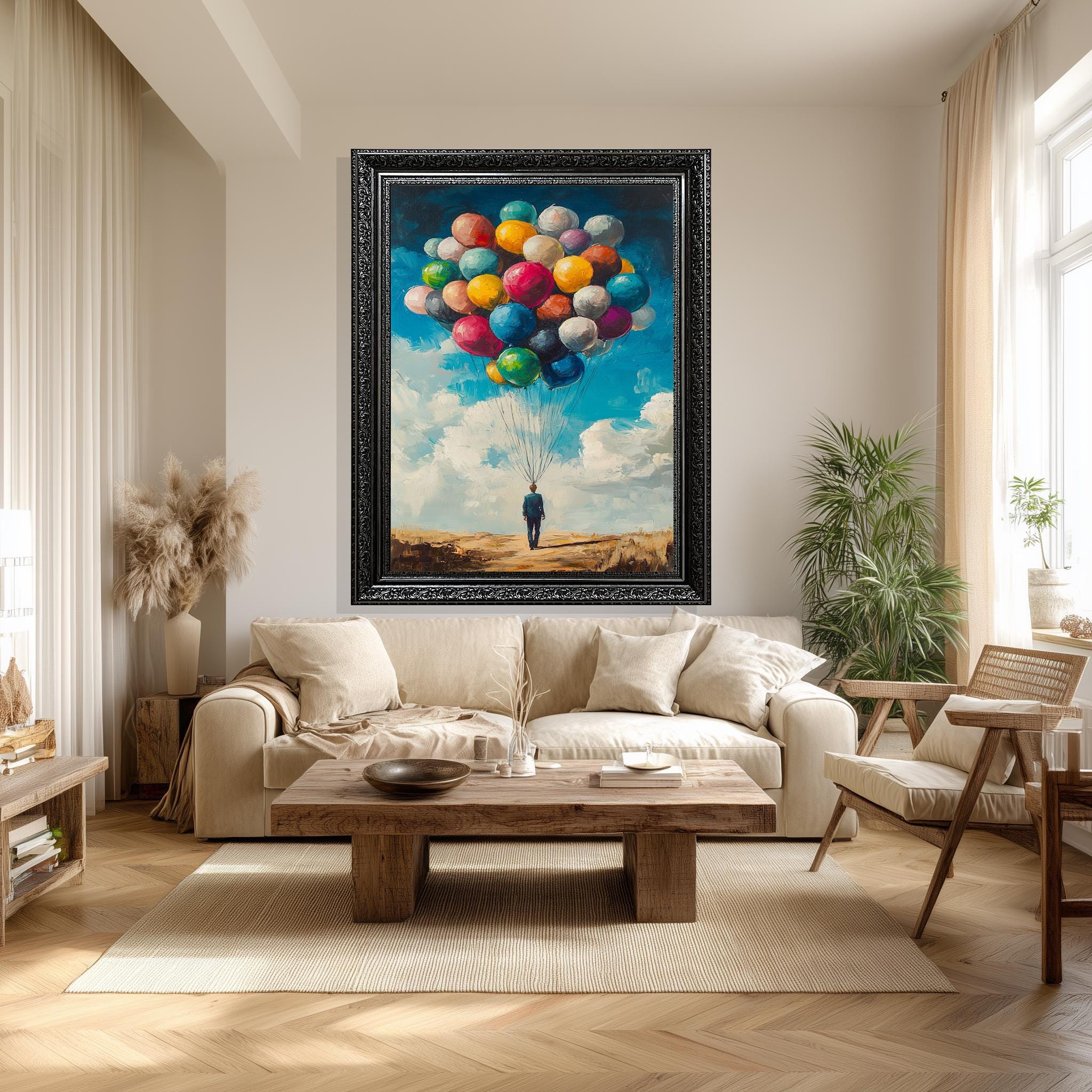 Surreal Canvas Wall Art – Modern Abstract Balloon Painting | Colorful Sky Decor