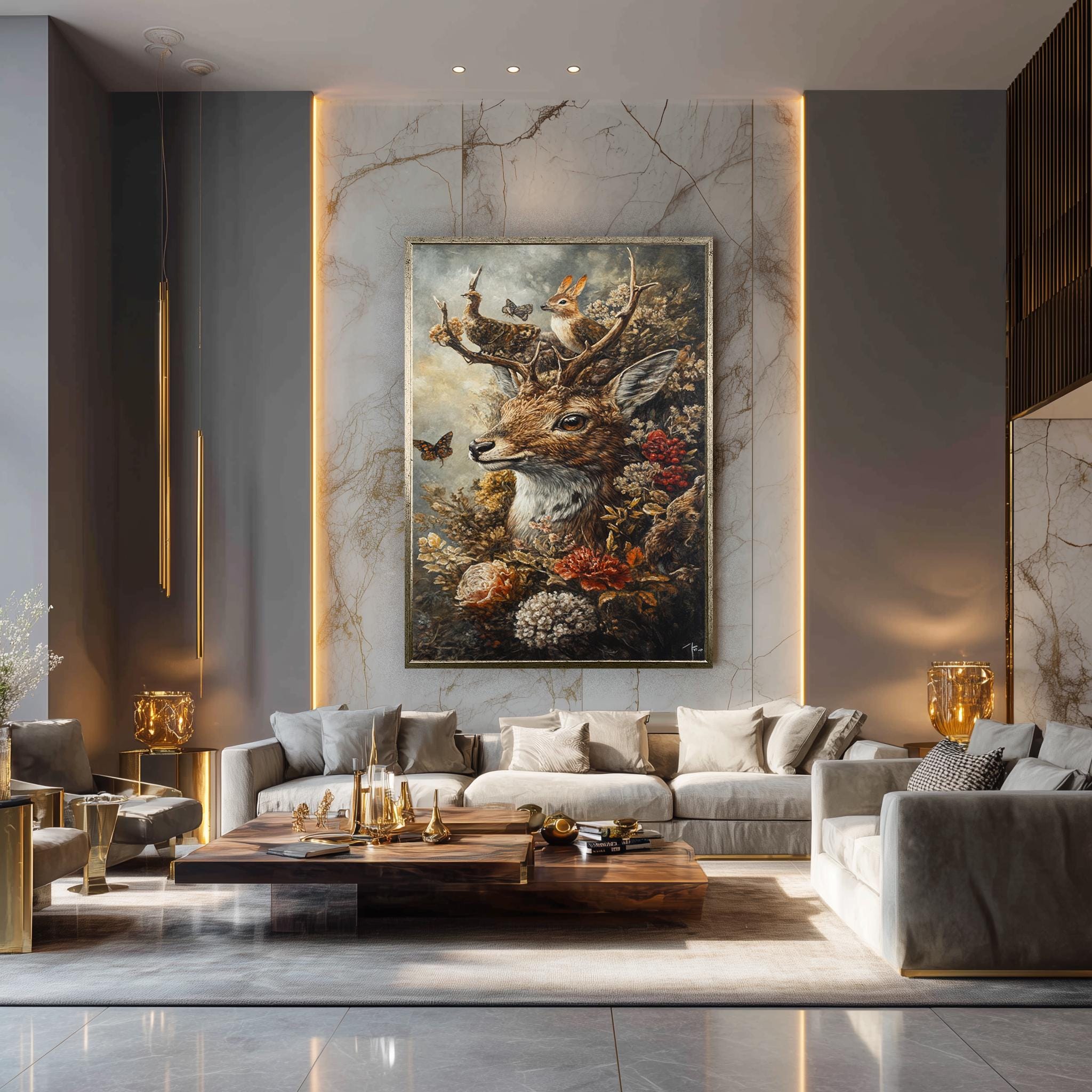 Vintage Deer Canvas – Woodland Animal Print with Butterflies, Rabbits & Flowers