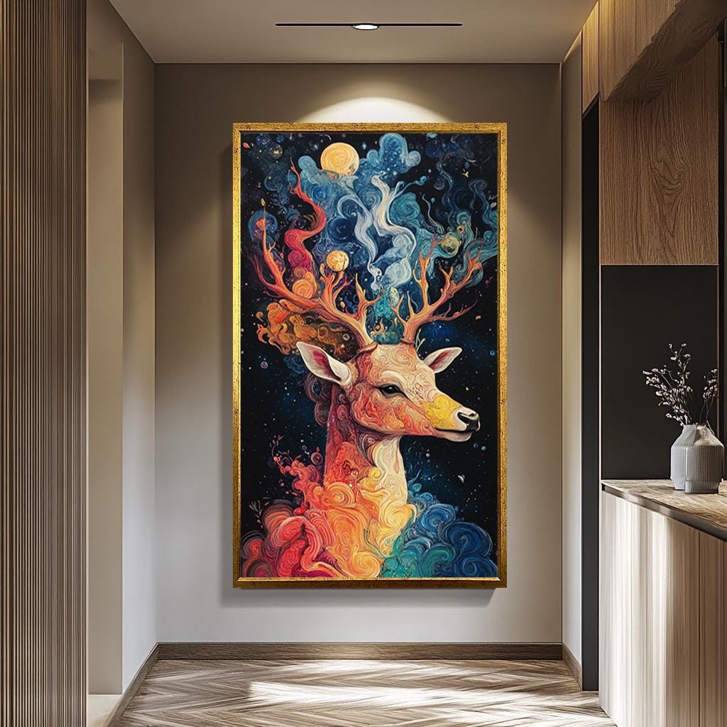 Deer Canvas Print - Rustic Wall Art | Large Colorful Deer Painting Print