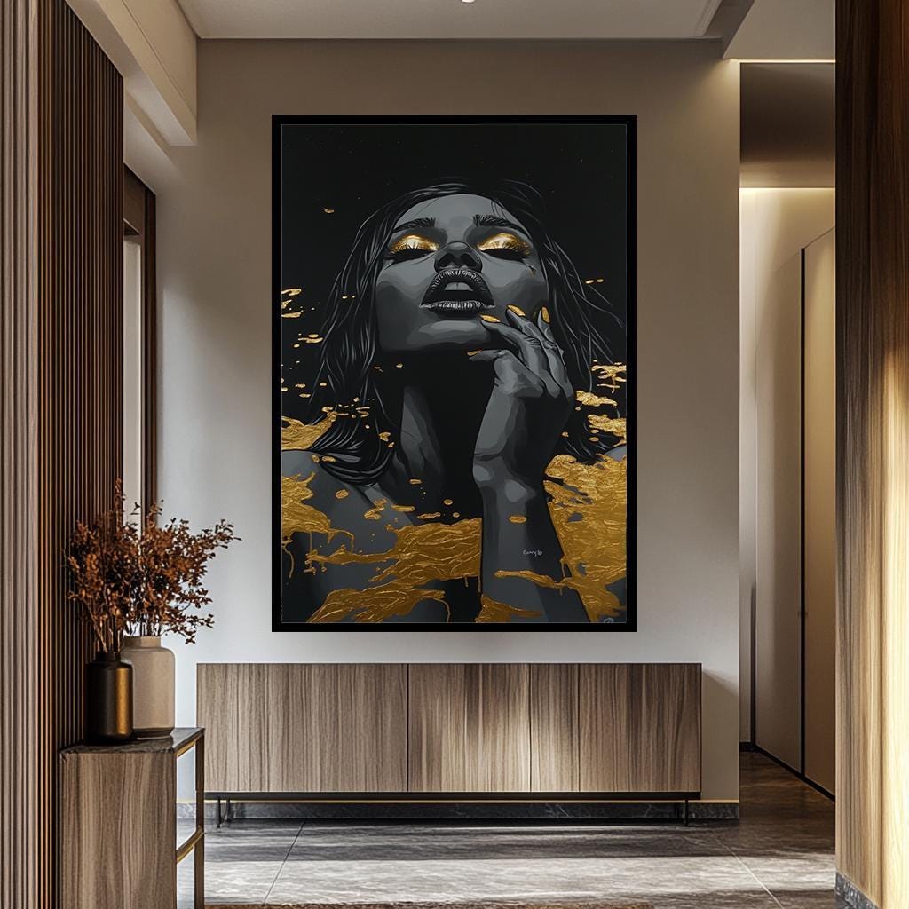 Women Wall Art | Black Gold Abstract Portrait Decor - Luxury Feminine Canvas