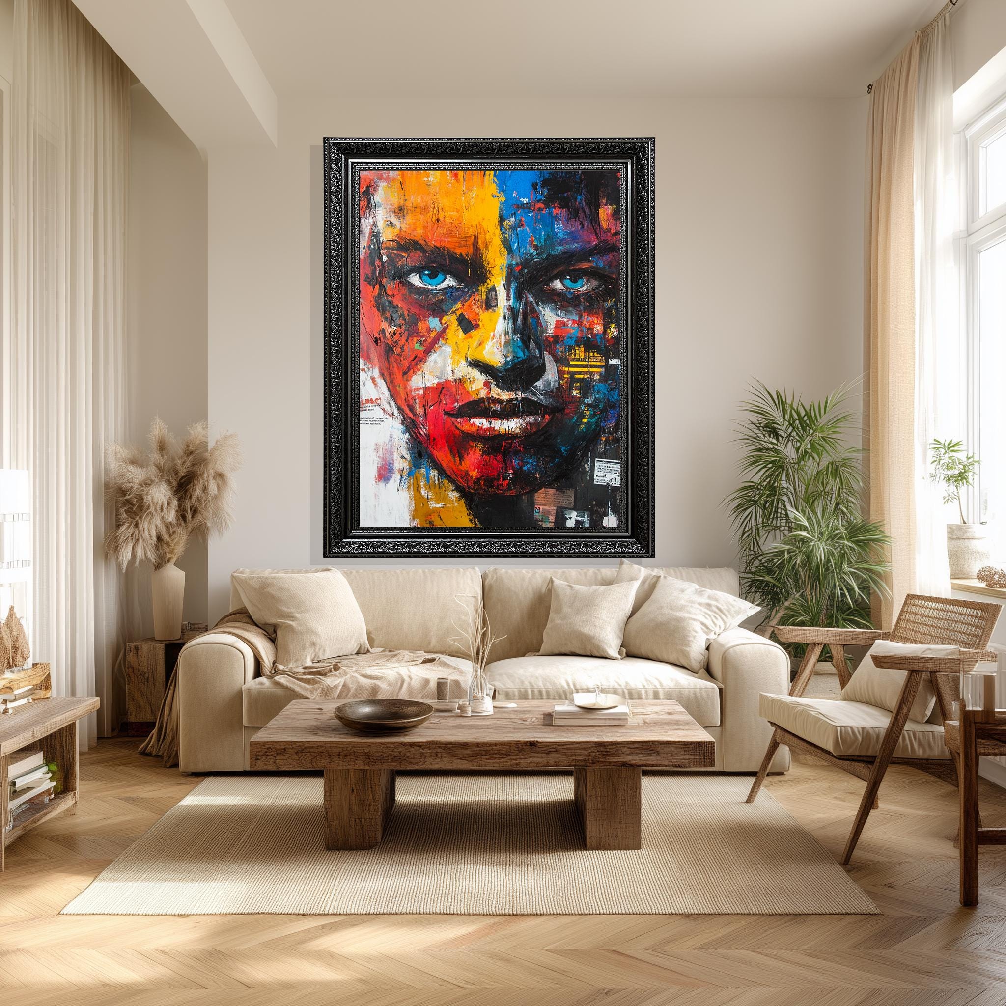Abstract Face Canvas – Vibrant Wall Print With Intense Blue Eyes | Modern Wall Decor