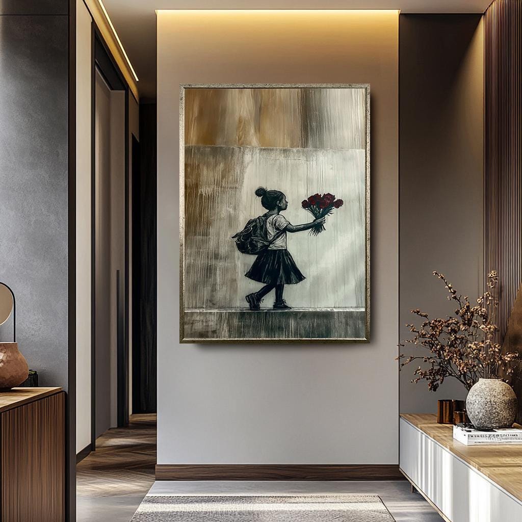 Banksy Wall Art – Girl with Roses Print | Urban Minimalist Canvas Painting