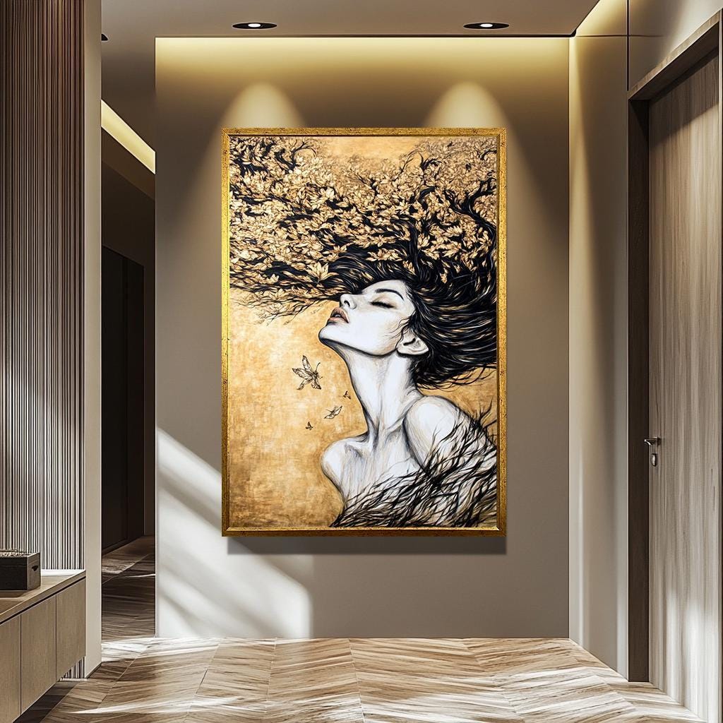 Women Wall Art – Gold Black Abstract Portrait | Elegant Feminine Canvas Decor