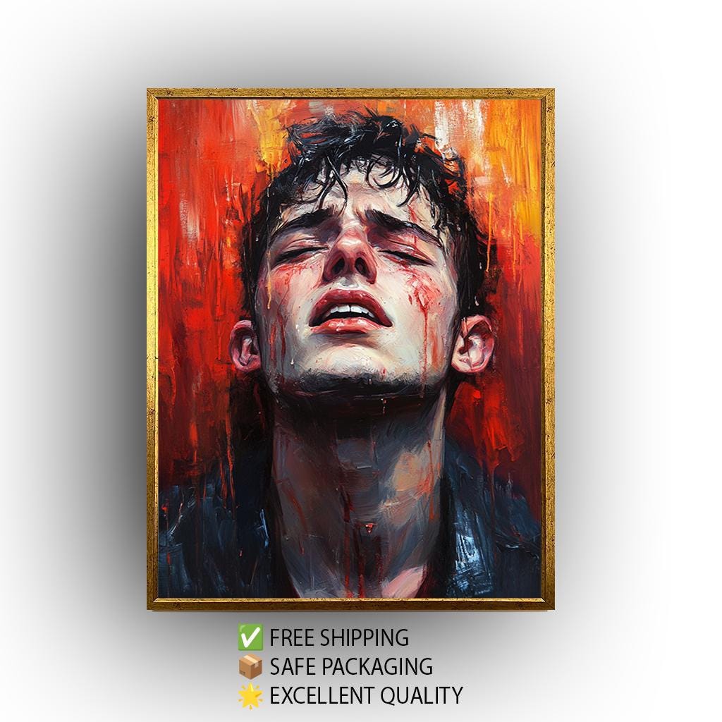 Emotional Male Portrait - Red Abstract Canvas | Bold Figurative Wall Art