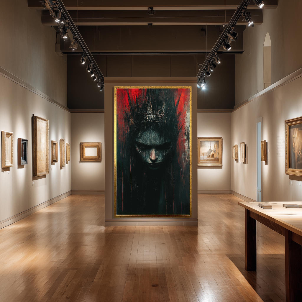 Dark Gothic Queen Canvas | Moody Gothic Wall Art With Fantasy Crown And Abstract Red Black