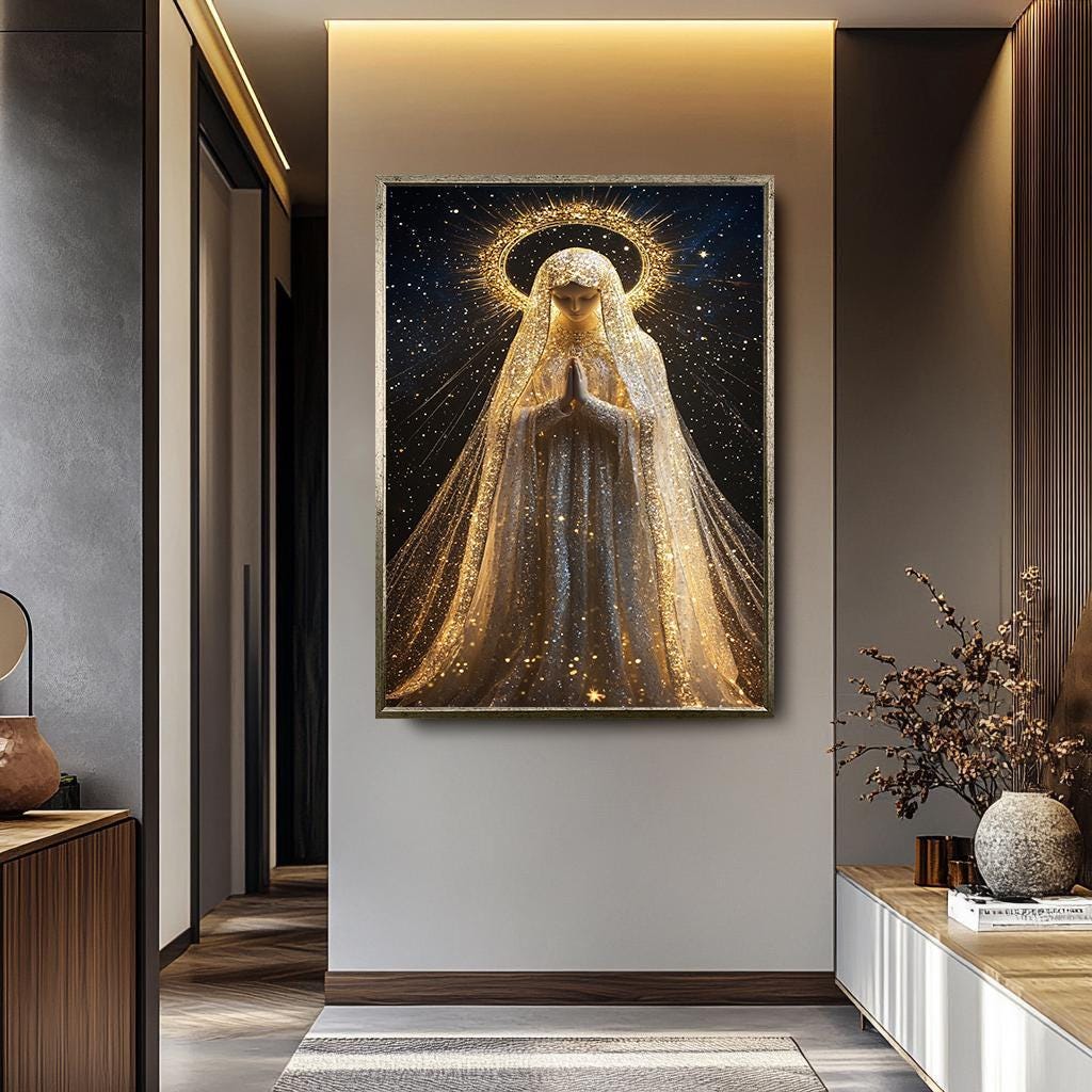Virgin Mary Wall Art – Mother Mary Canvas Print with Starry Halo | Religious Home Decor