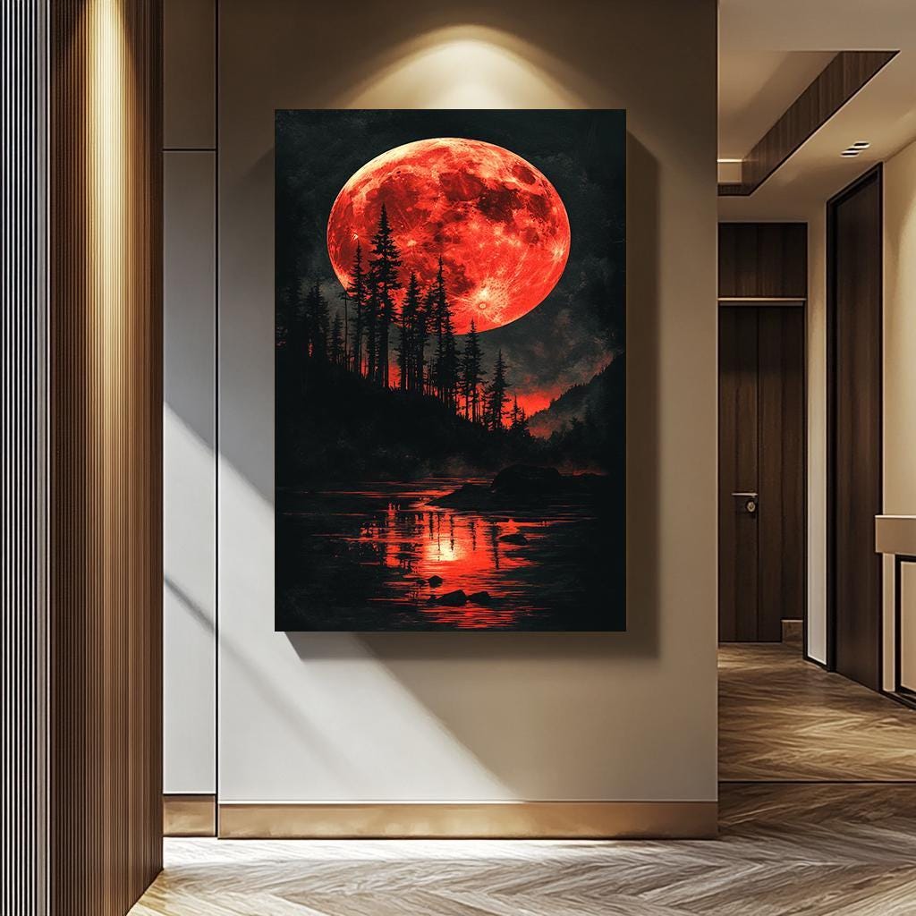 Blood Moon Wall Art – Red Moon Canvas Painting | Handmade Forest Decor