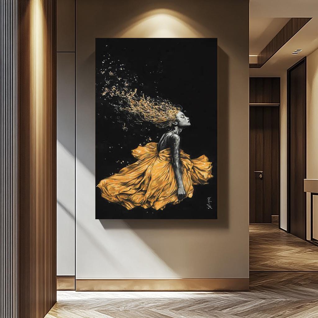 Golden Women Wall Art – Abstract Female Portrait Canvas | Black Gold Modern Decor
