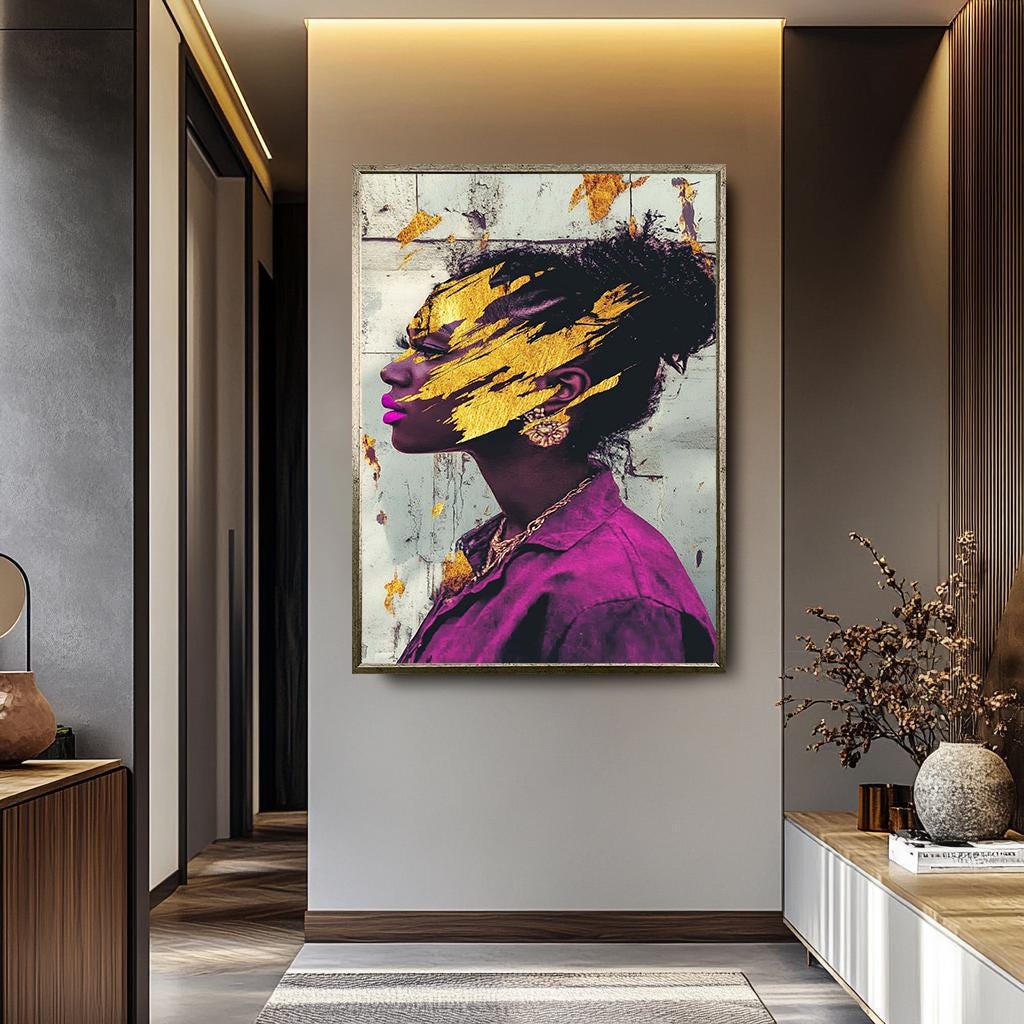 Black Woman Wall Art – Gold Abstract Canvas | Modern Feminine Decor, Vibrant Colors
