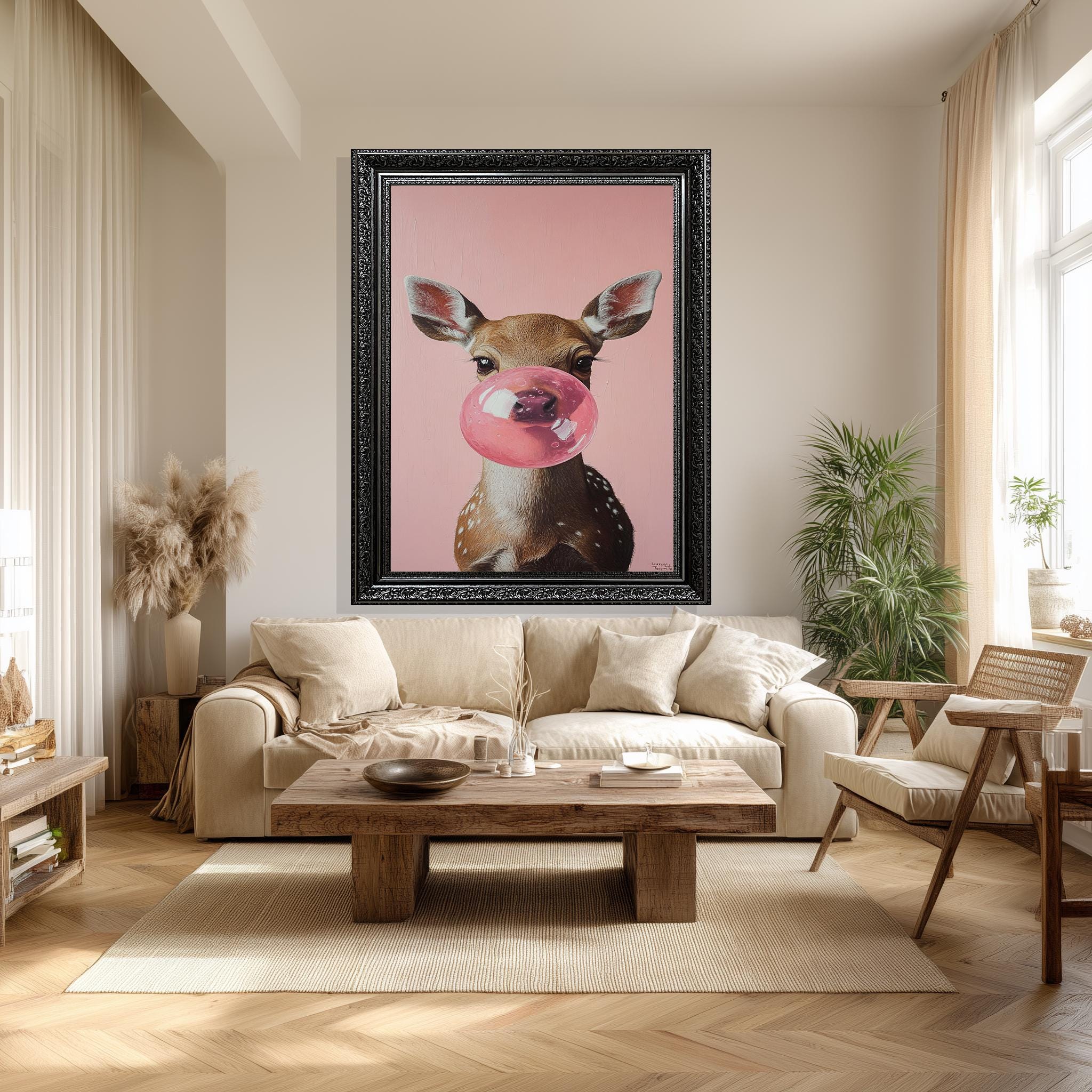 Deer Wall Art – Cute Bubble Gum Deer Print on Pink Nursery Canvas Decor