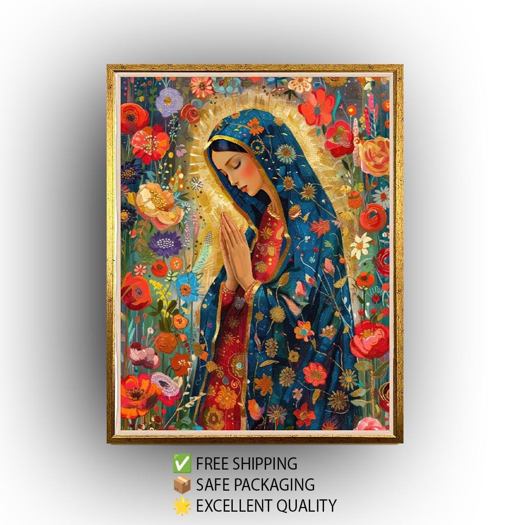 Virgin Mary Canvas Art – Floral Catholic Wall Decor with Gold Accent Canvas Print