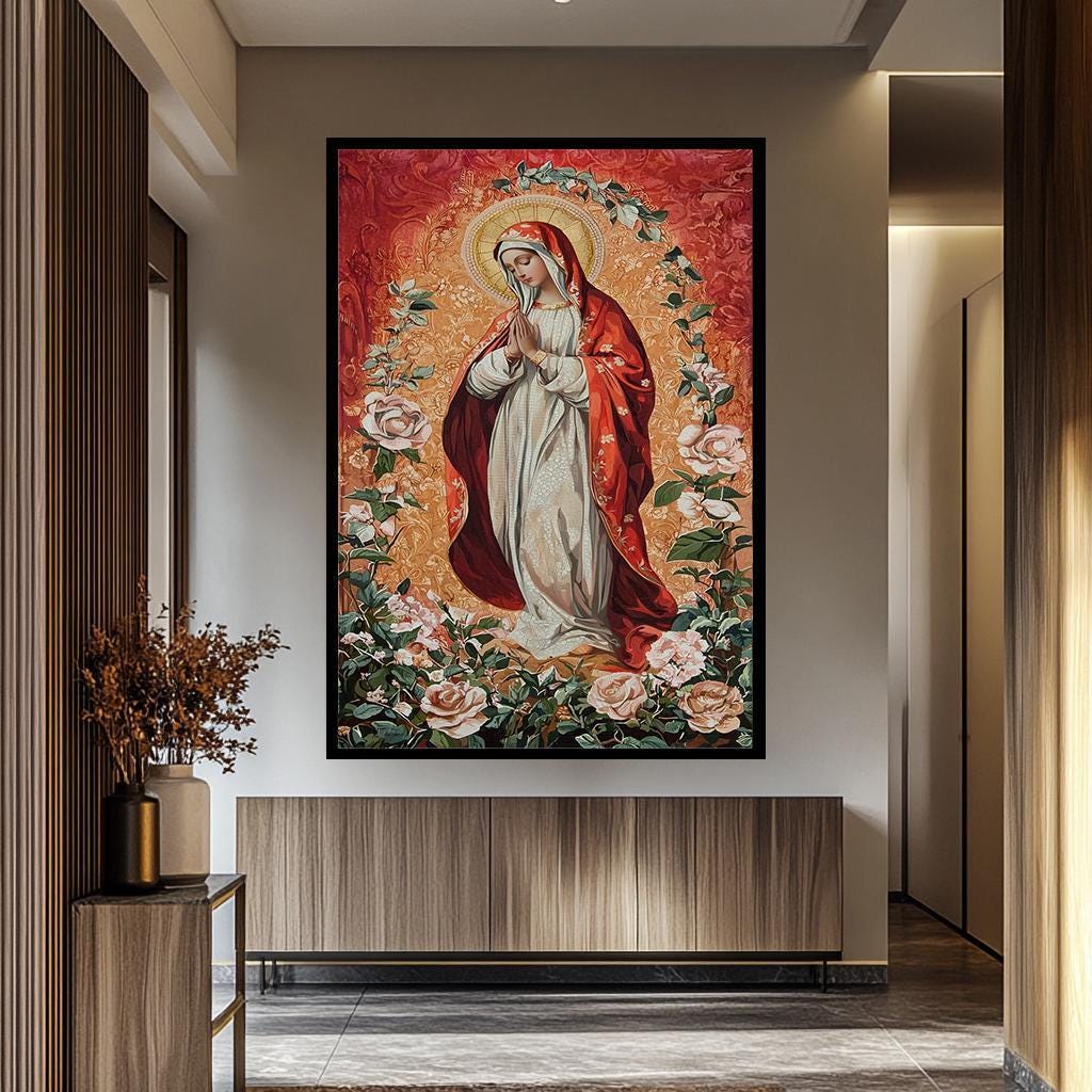 Virgin Mary Wall Art – Traditional Catholic Painting | Rose Garden Decor Canvas