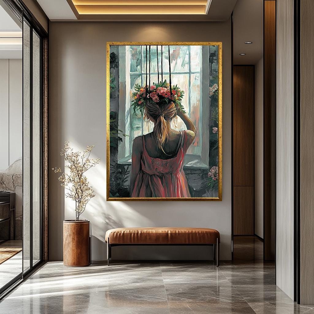 Romantic Woman Wall Art – Floral Head Painting | Feminine Aesthetic Artwork Canvas