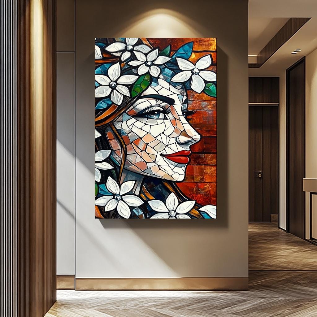 Mosaic Woman Pop Art - Floral Abstract Portrait | Vibrant Modern Artwork Canvas