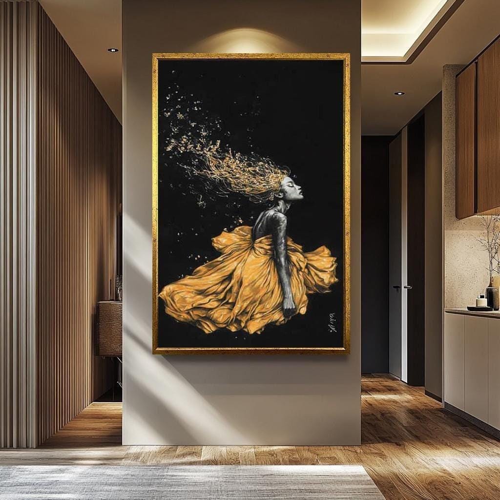 Golden Women Wall Art – Abstract Female Portrait Canvas | Black Gold Modern Decor