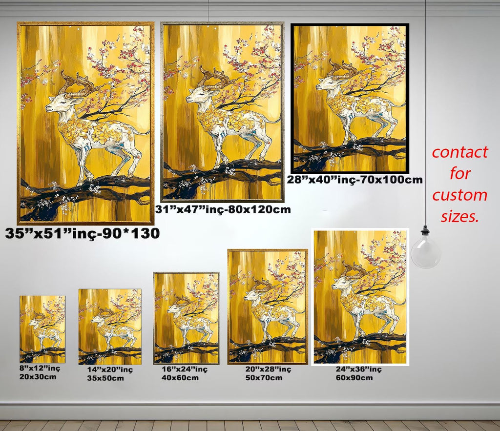 Golden Deer Wall Art - Abstract Hand-Painted Canvas with Cherry Blossom Decor