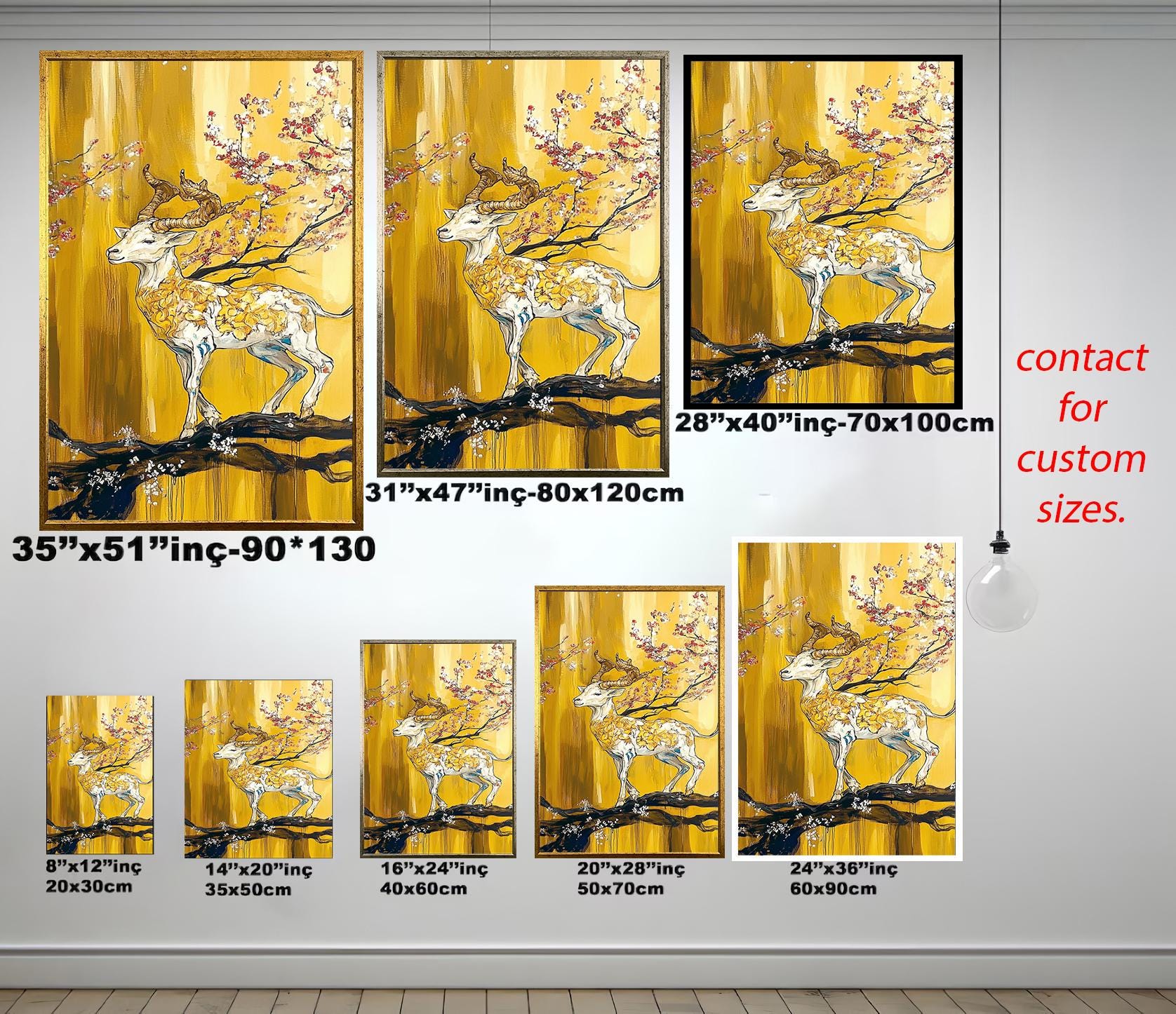 Golden Deer Wall Art - Abstract Hand-Painted Canvas with Cherry Blossom Decor