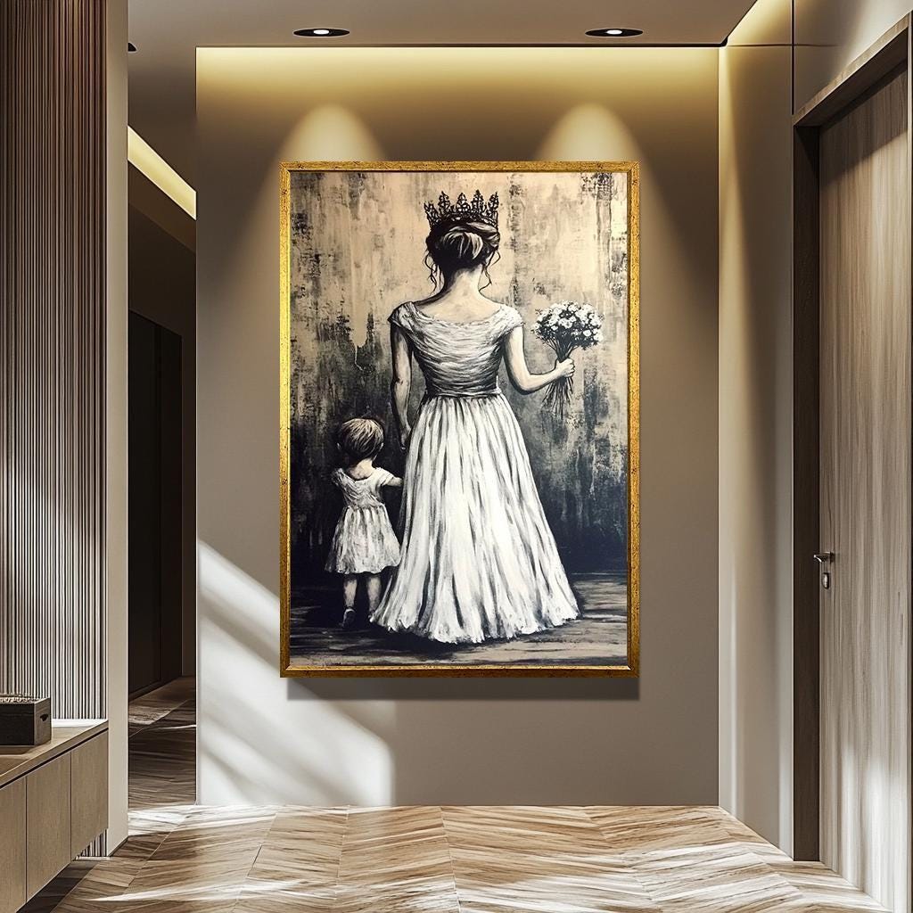 Mother and Child Wall Art - Black and White Canvas Print | Graffiti Wall Art Decor