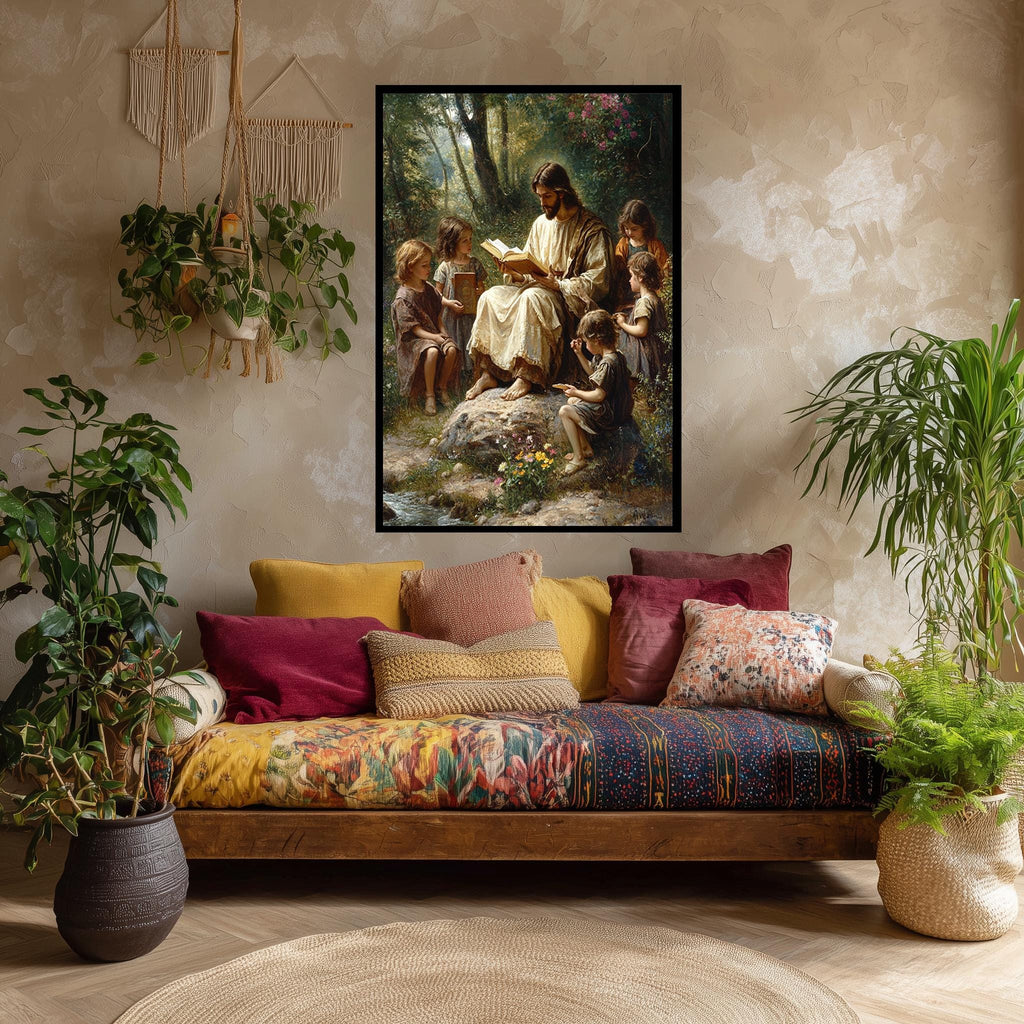 Jesus Teaching Children Canvas – Christian Wall Art | Bible Lesson Artwork, Faith Based Decor