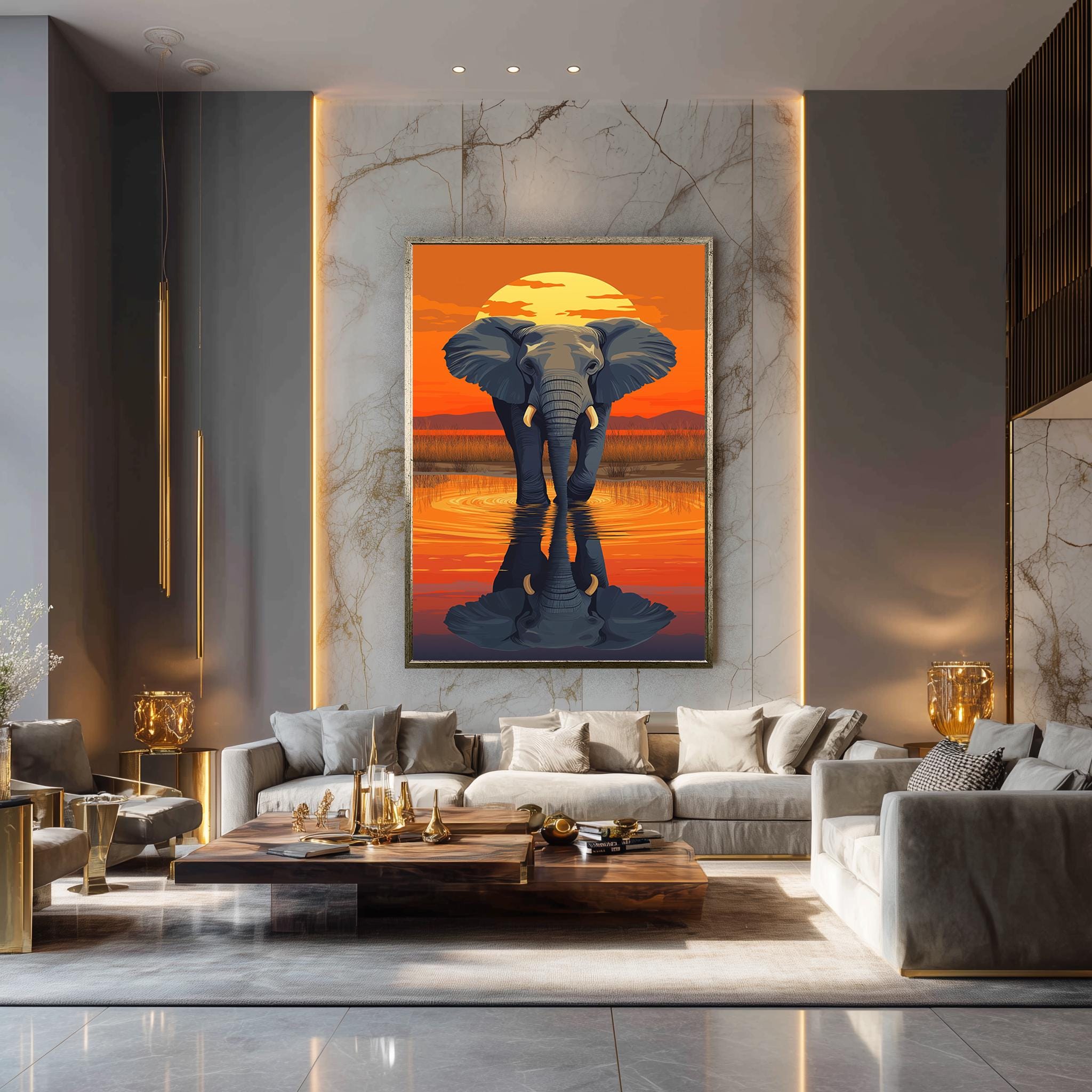 Elephant Canvas Wall Art – Majestic African Wildlife Sunset Reflection Print