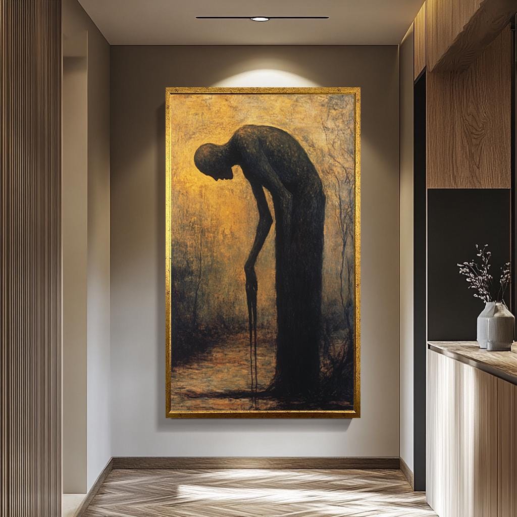 Dark Surreal Canvas Print – Moody Golden Light Gothic Wall Art With Melting Form