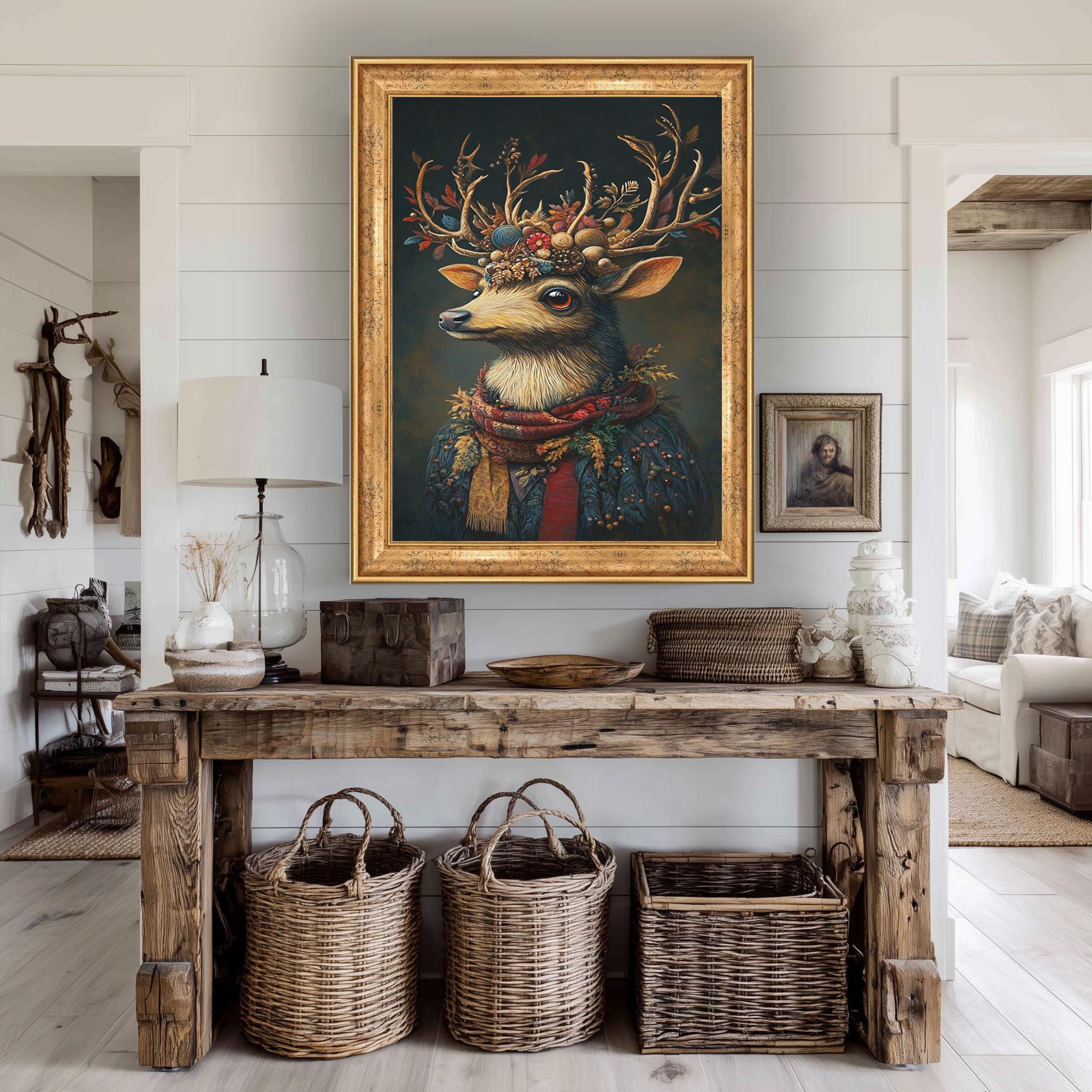 Rustic Deer Canvas Print – Floral Antler Crown Woodland Animal Art for Boho Cottagecore