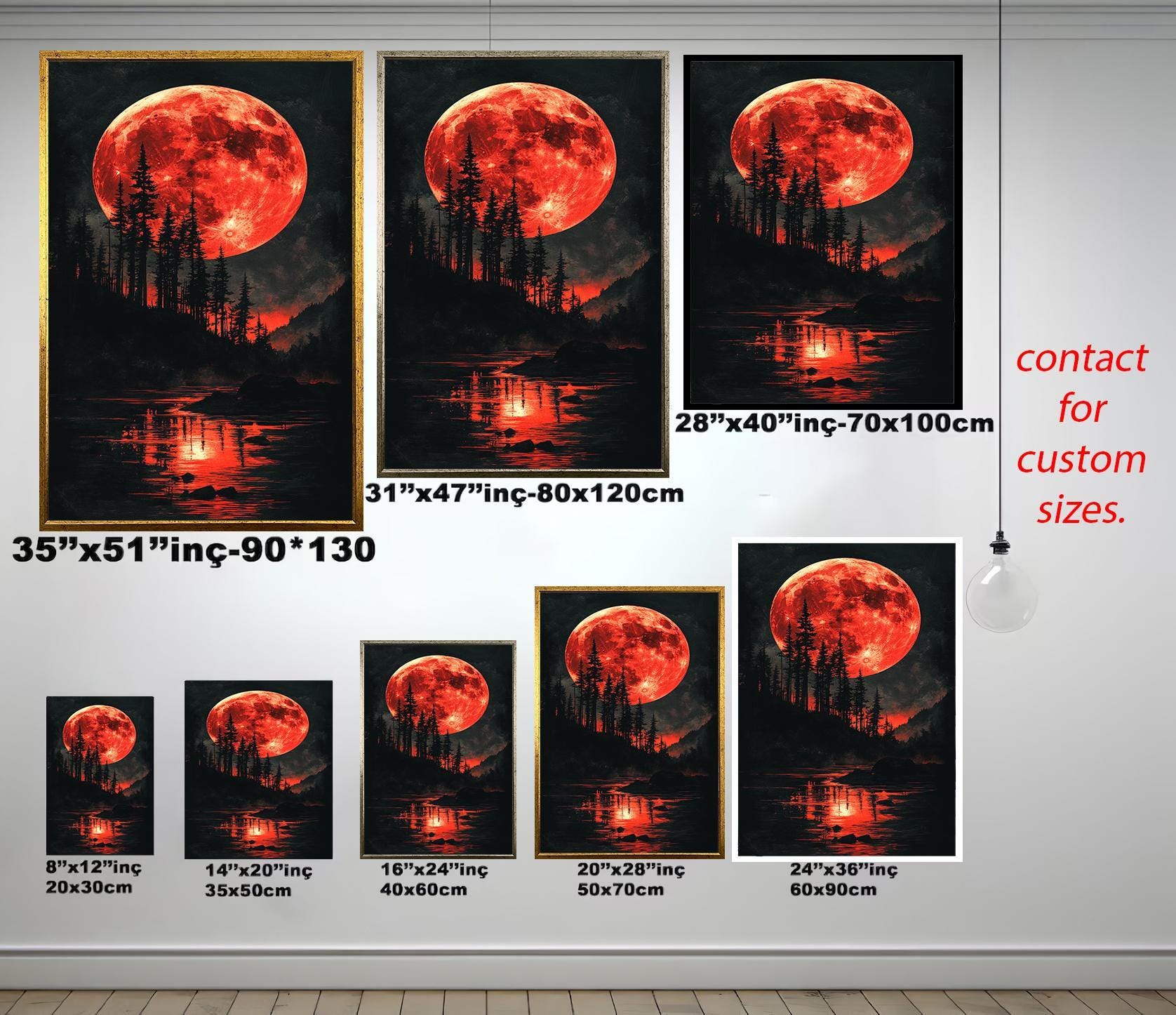 Blood Moon Wall Art – Red Moon Canvas Painting | Handmade Forest Decor