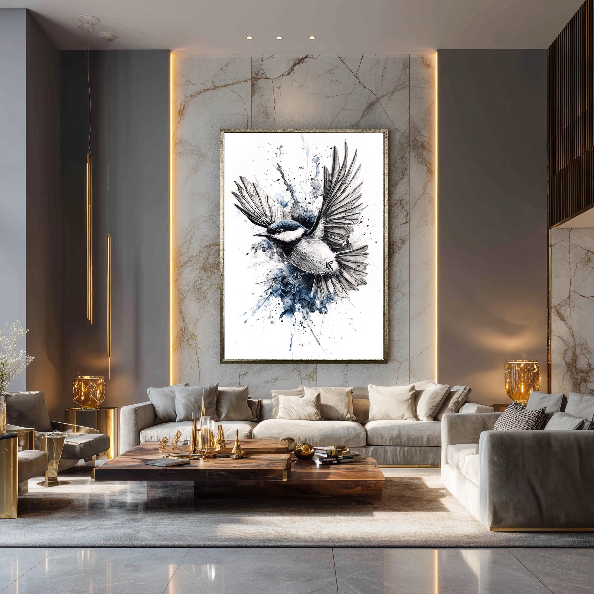 Bird Canvas Wall Art – Modern Watercolor Bird Print in Blue Black White Tones