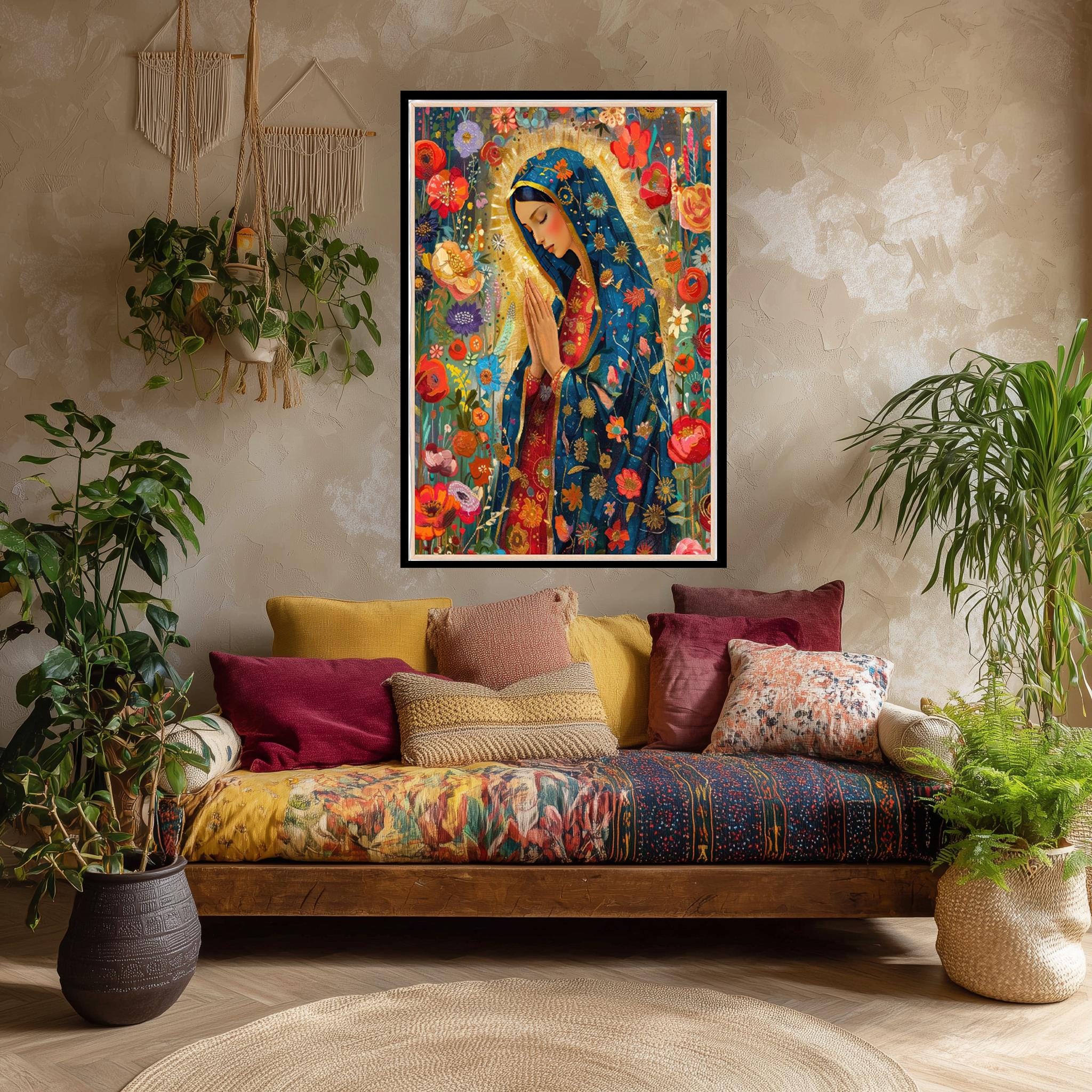 Virgin Mary Canvas Art – Floral Catholic Wall Decor with Gold Accent Canvas Print