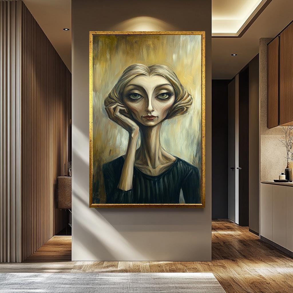 Abstract Woman Wall Art – Surreal Expressionist Painting | Quirky Female Portrait Print