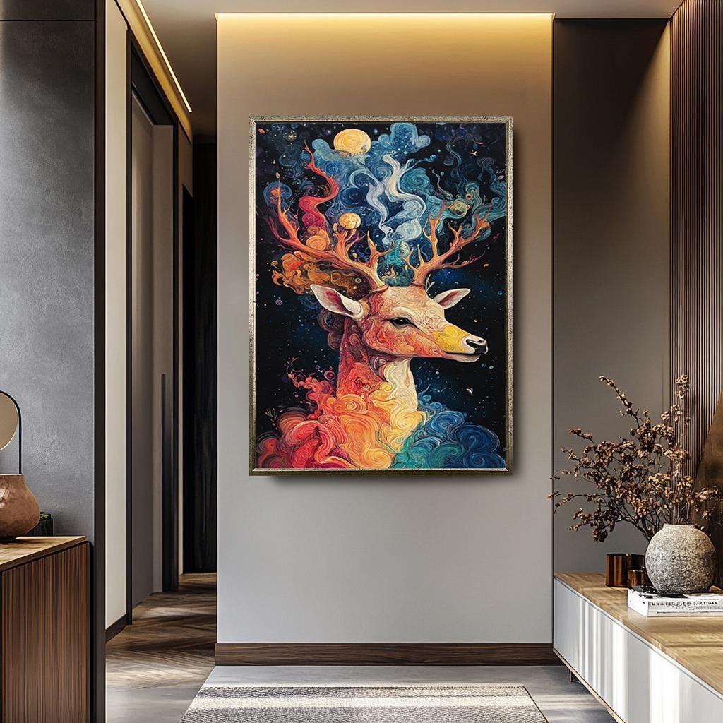 Deer Canvas Print - Rustic Wall Art | Large Colorful Deer Painting Print