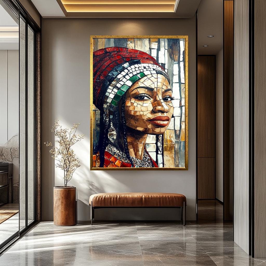 African Women Wall Art – Mosaic-Inspired Female Portrait Canvas | Vibrant Cultural Decor