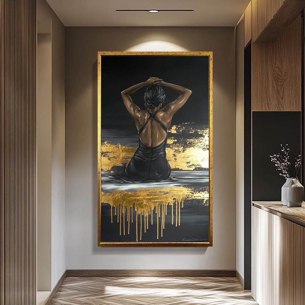 Black Woman Wall Art – Gold Leaf Canvas | Modern Female Painting | Textured Canvas Print