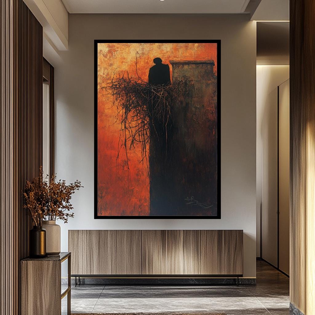 Dark Abstract Canvas – Moody Surreal Shadow Print With Fiery Orange Silhouette