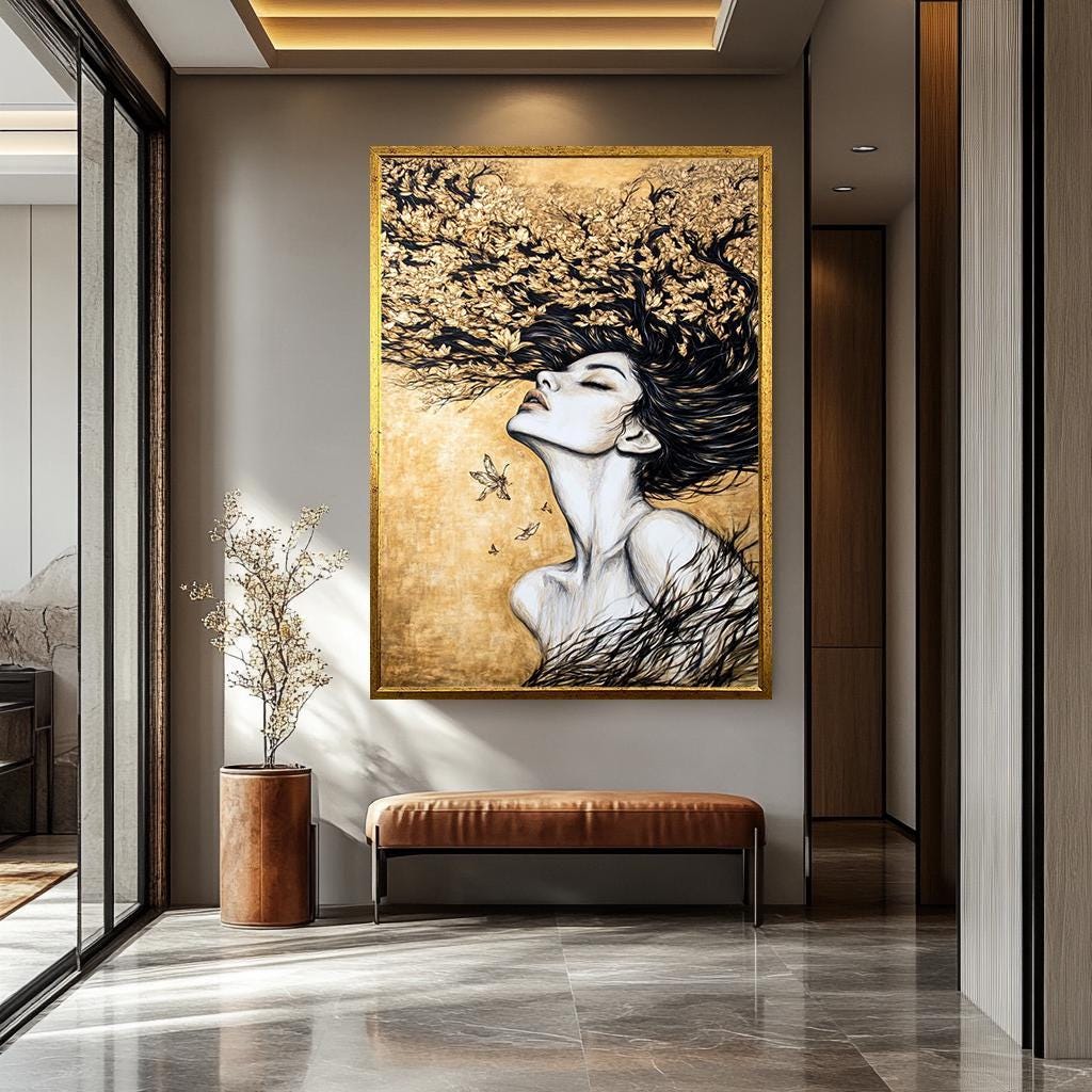 Women Wall Art – Gold Black Abstract Portrait | Elegant Feminine Canvas Decor